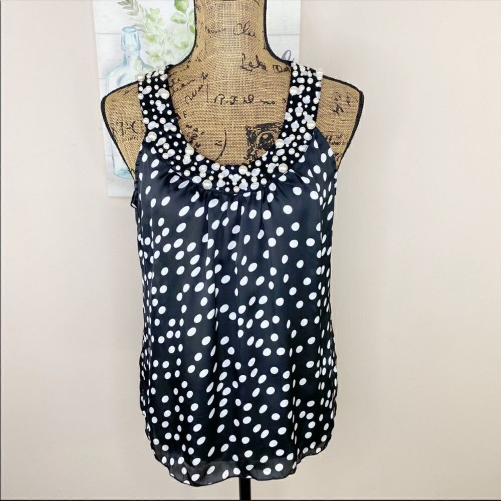 Signature by Larry Levine Sleeveless Top Pearl Embellished Polka Dot Black PM